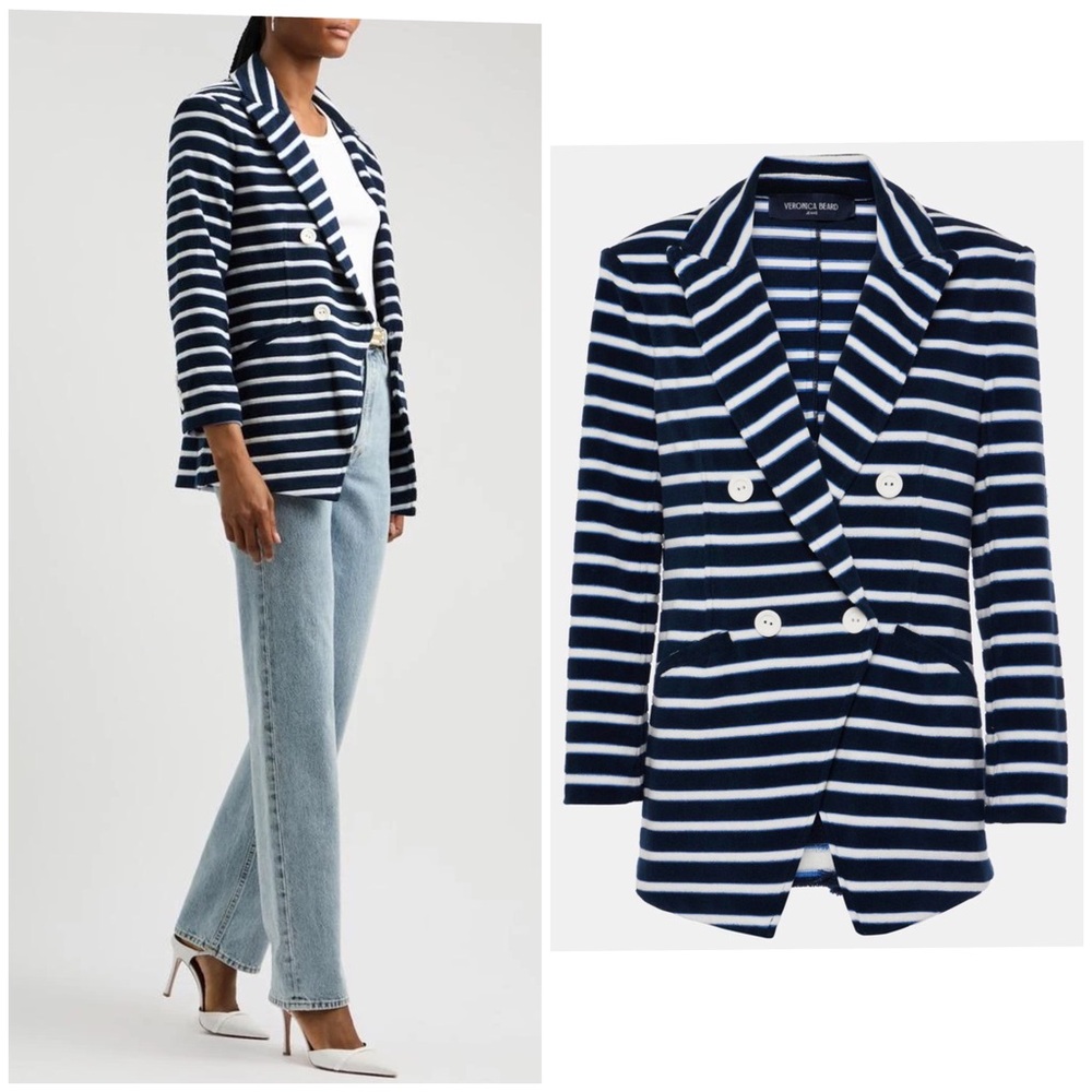 $398 NWT Veronica Beard Ortiz Terry Cloth Navy Blue White Striped Jacket Size M